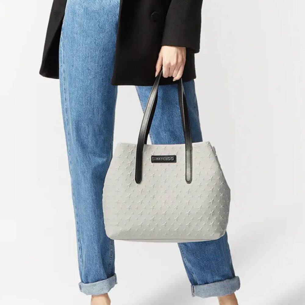 Auth JIMMY CHOO Sofia Star Stud Embossed White Leather Tote